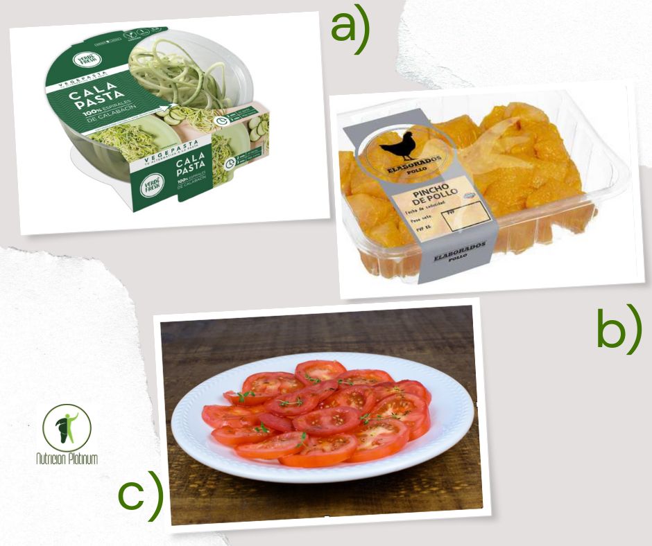 ESPAGUETIS DE CALABACÍN CON PINCHOS DE POLLO Y ENSALADA DE TOMATE