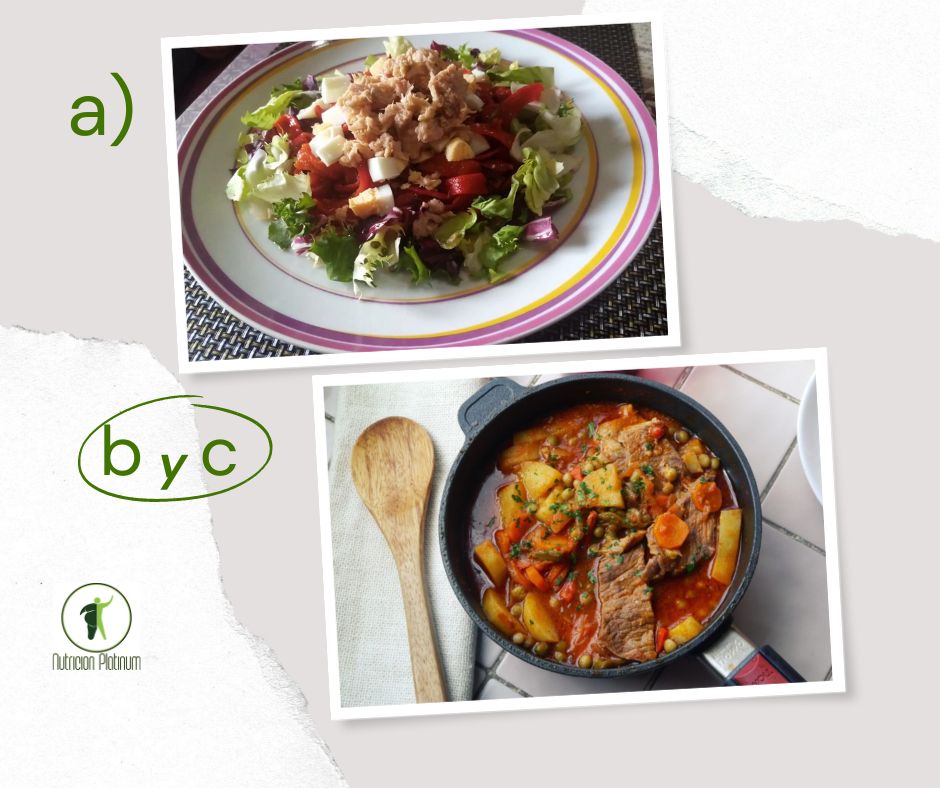 Ensalada de pimientos asados atún y huevo con bifes a la portuguesa