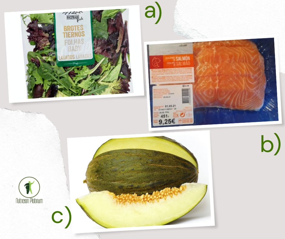 BROTES TIERNOS DE LECHUGA CON SALMON A LA PLANCHA Y UNA TAJADA DE MELÓN TAMAÑO PUÑO.