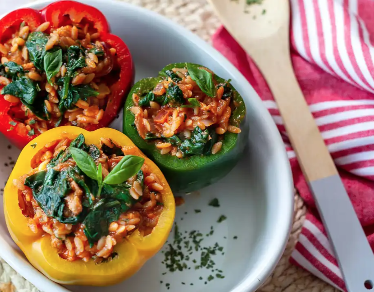 pimientos rellenos de arroz de lentejas y soja texturizada