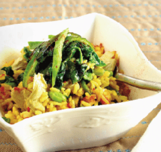 Salteado de verduras, patatas y soya