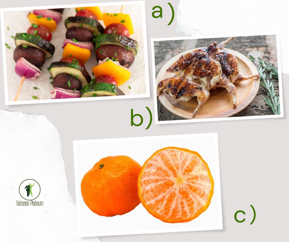 Brochetas de verduras con codornices a la plancha acompañado de mandarina