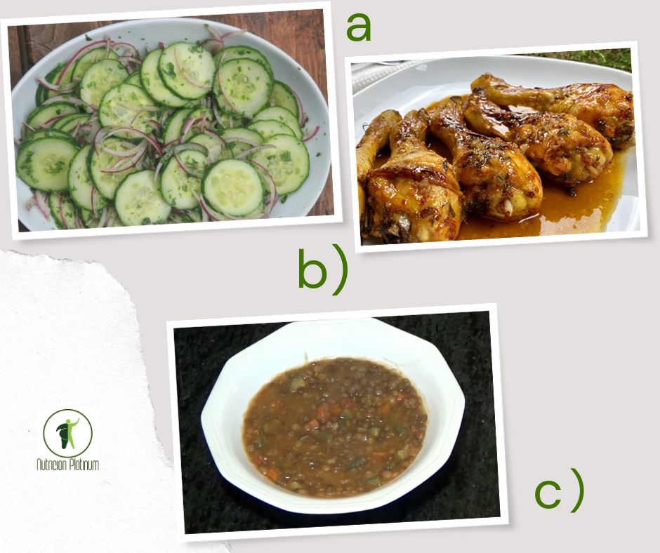 Ensalada de pepino con muslos de pollo al curry y lentejas con verduras