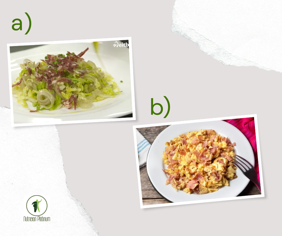 Ensalada de cardo rizado con cogollos y jamón combinado con huevos revueltos con jamón