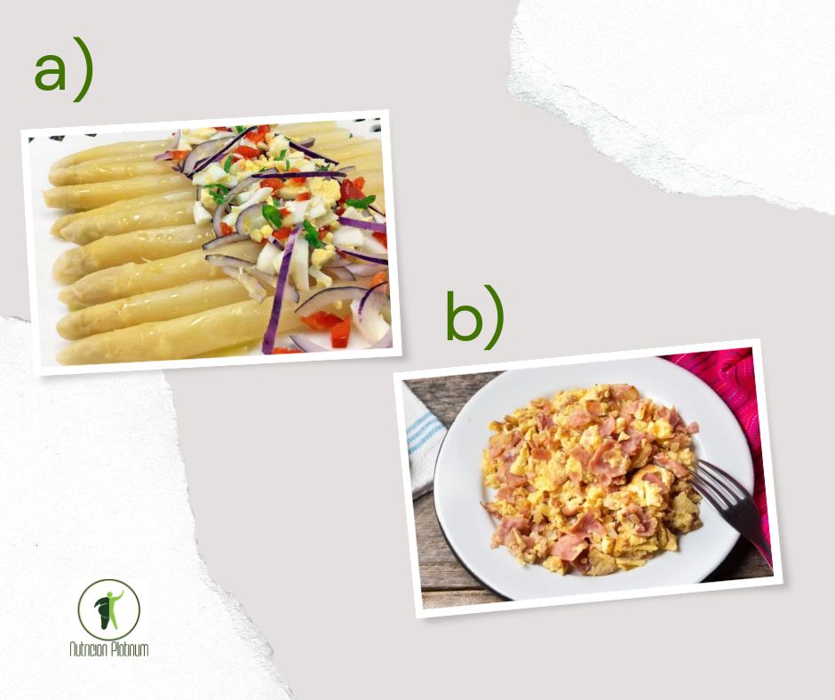 ESPÁRRAGOS BLANCOS CON VINAGRETA y huevos revueltos con jamón