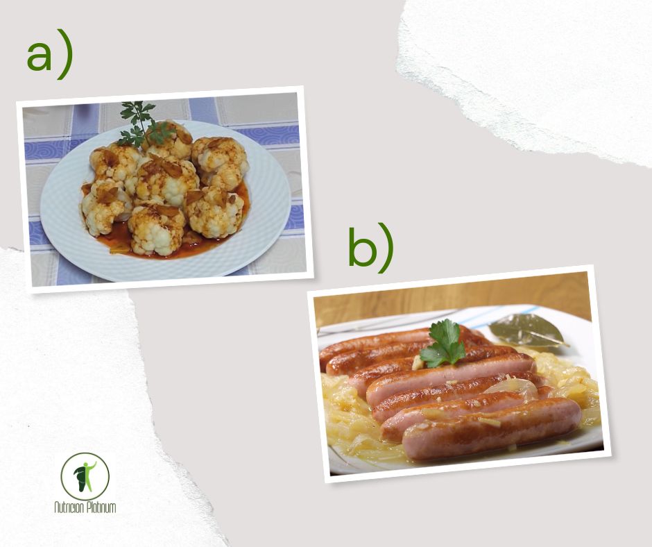 Coliflor al ajoarriero acompañado de salchichas al vino blanco con cebolla