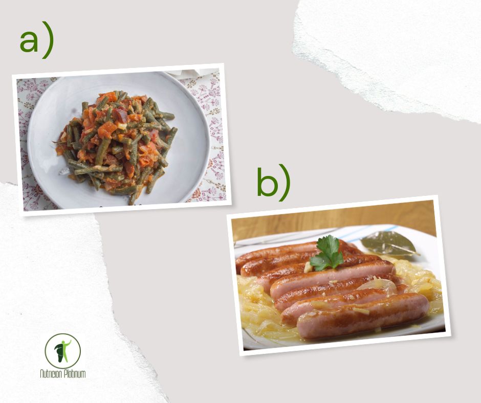 Judías verdes con tomate y jamón, acompañado de salchichas al vino blanco con cebolla