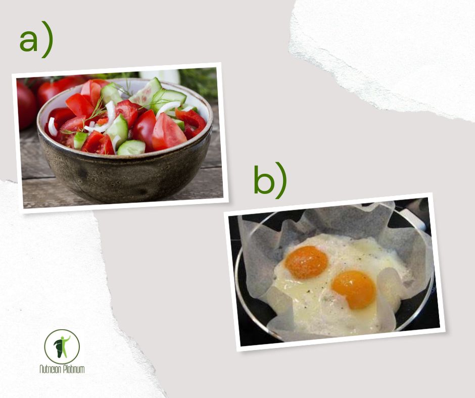 Ensalada de pepino y tomate con huevos a la plancha