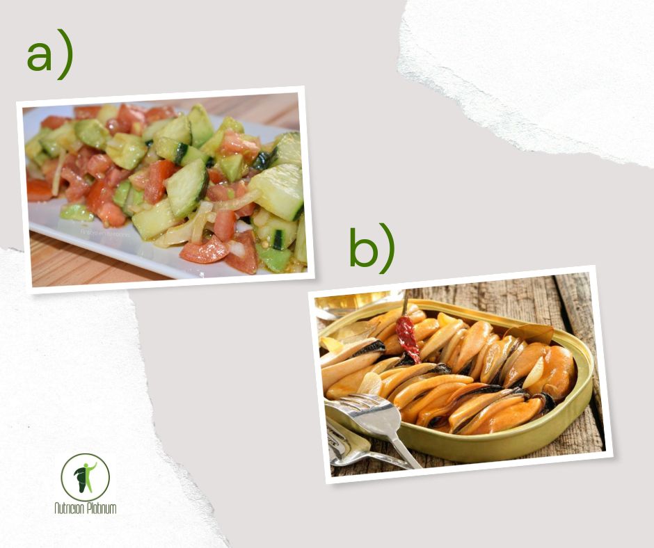 Ensalada de pepino, tomate y aguacate acompañado con mejillones en conserva