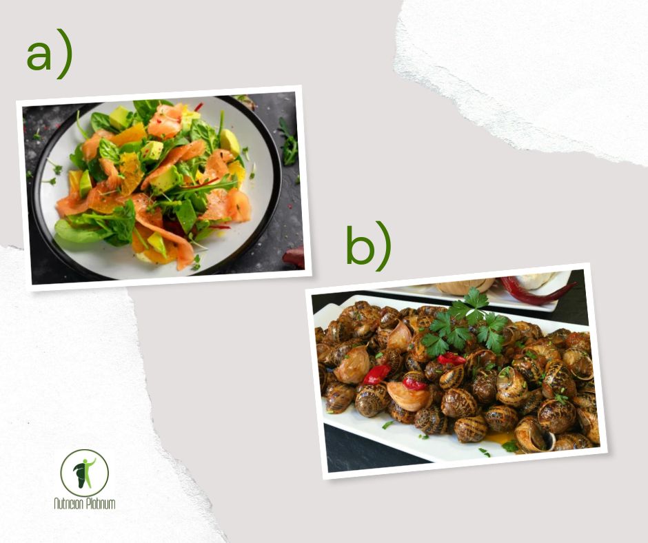 Ensalada de aguacate y salmón con caracoles en salsa picante.