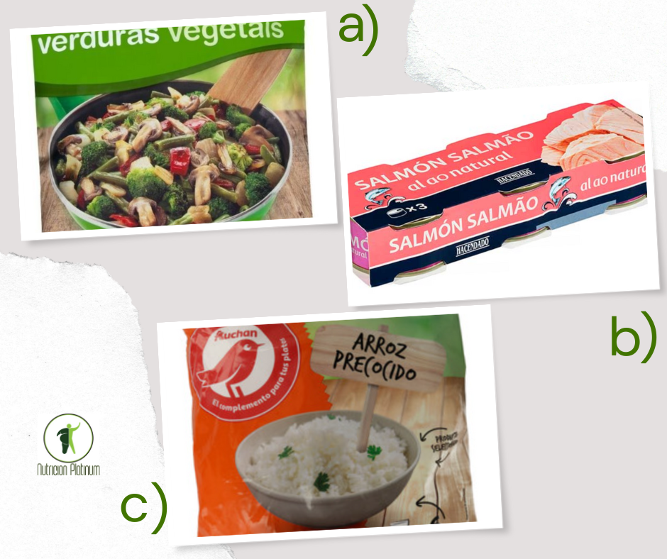 Salteado de verduras con salmón en conserva y arroz blanco precocinado.