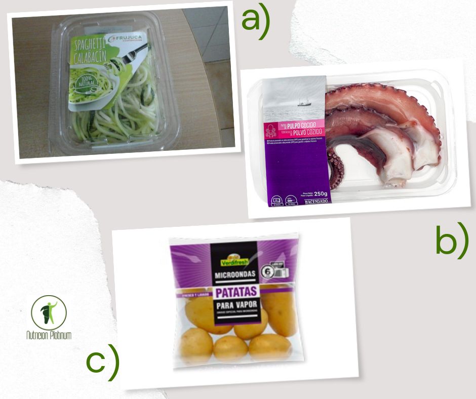 Espaguetis de calabacín con pulpo y patatas en el microondas.