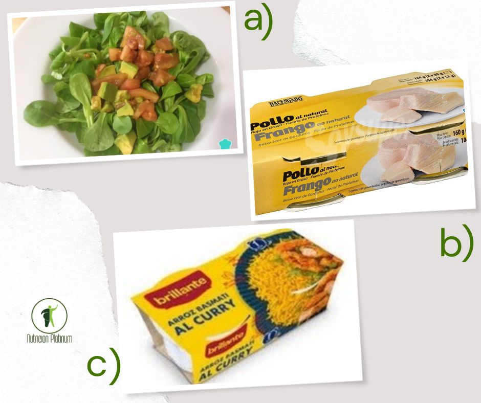 Ensalada de berros, tomate y aguacate con pollo en lata y vasito de arroz al curry.