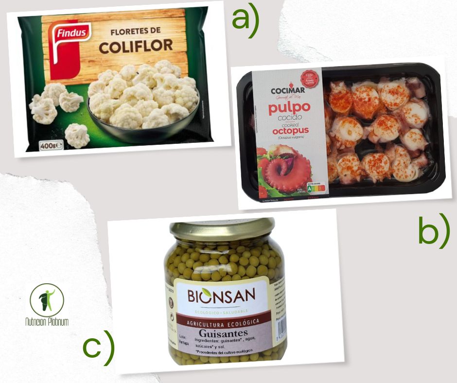 Coliflor con pulpo a la gallega y guisantes en conserva.