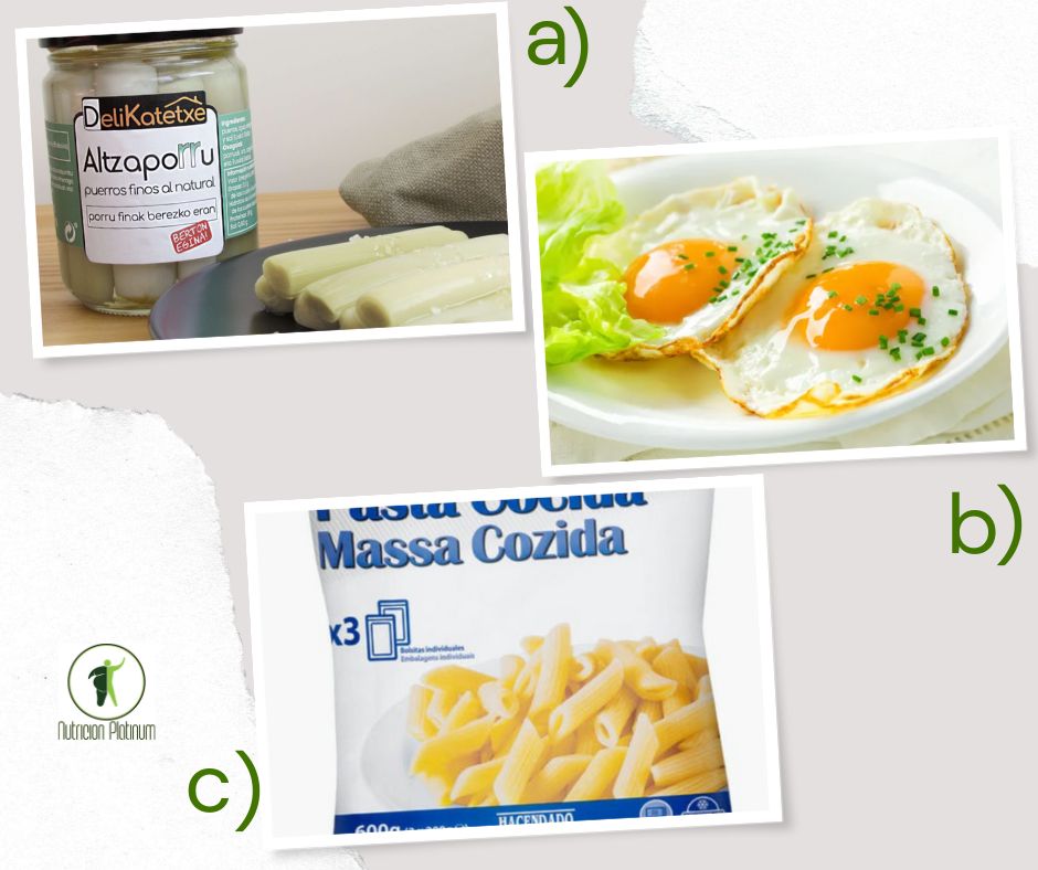 Puerros en conserva con huevos a la plancha y bolsita de macarrones.