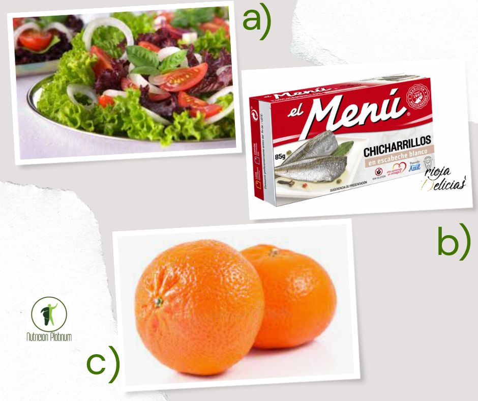 Ensalada con albahaca con sardinas en conserva y 2 mandarinas.