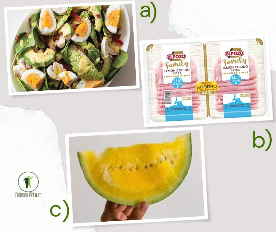 Ensalada de espinacas, aguacate y huevo con jamón de york y 1 tajada de sandia amarilla.