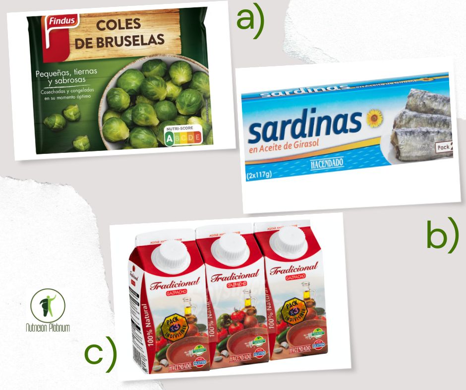 Coles de bruselas con sardinas en lata y gazpacho andaluz.