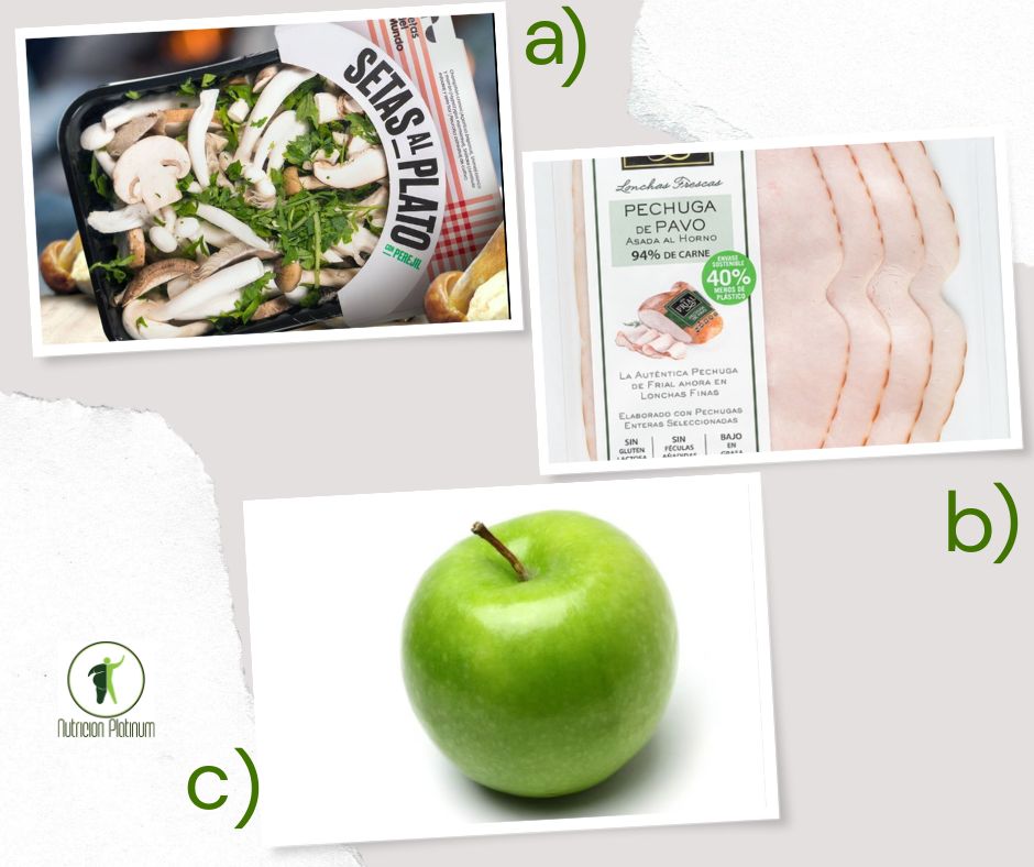 Setas al ajillo con jamón de york y 1 manzana tamaño puño.