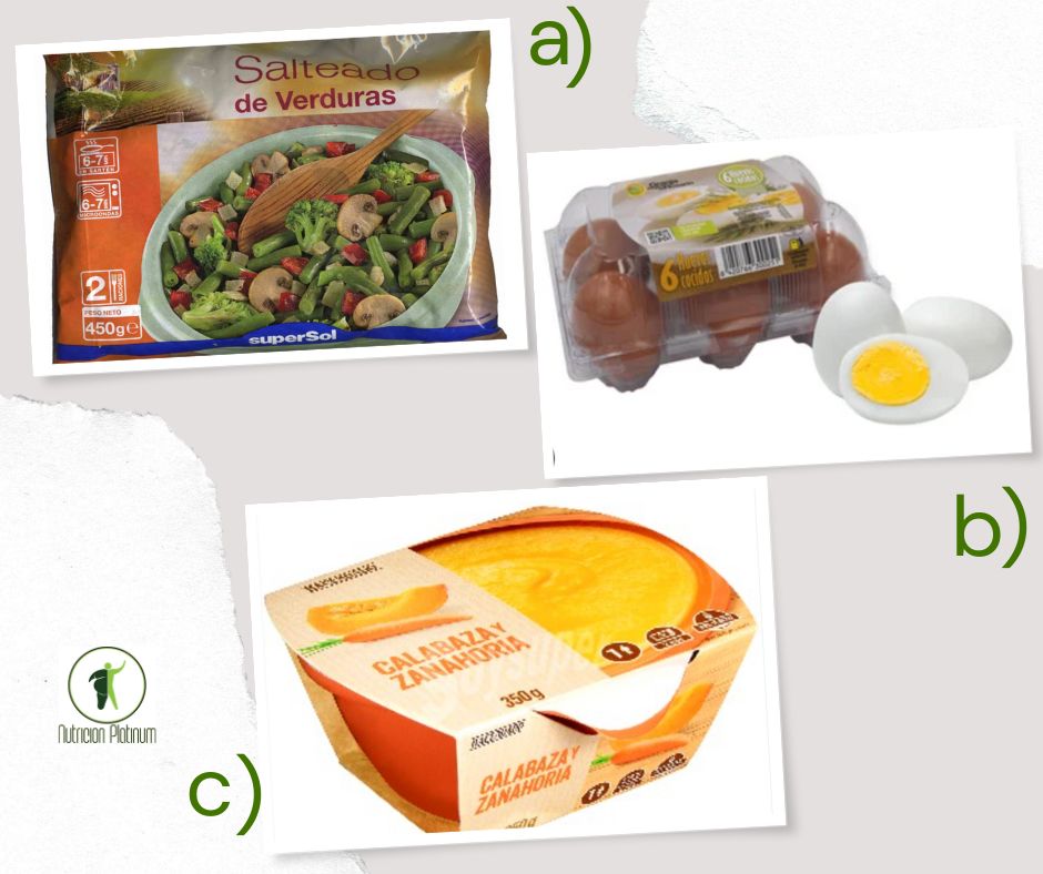 Salteado de verduras con huevos cocidos y crema de calabaza en conserva.