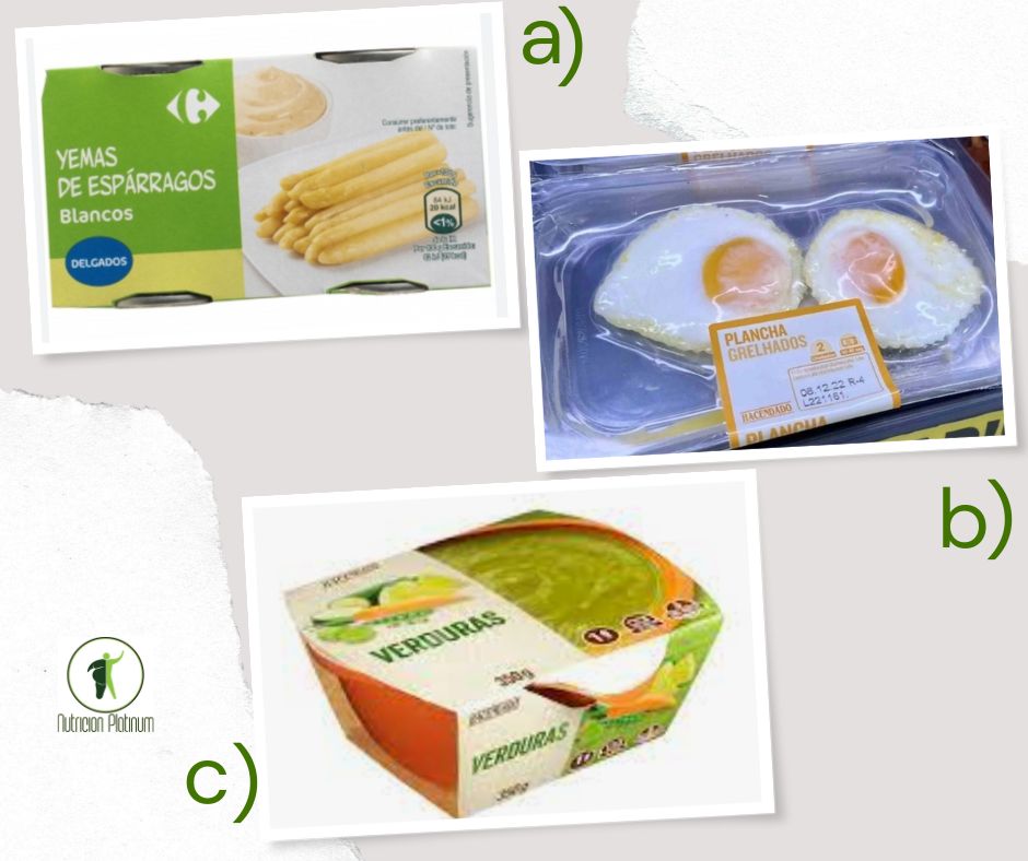 Espárragos blancos con huevos a la plancha y puré de verduras.