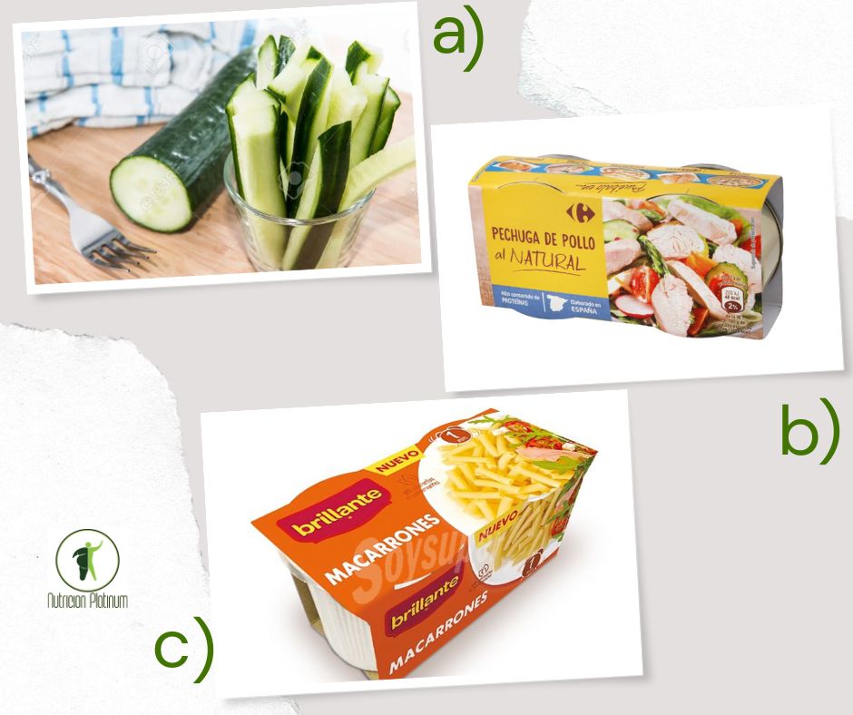 Bastoncitos de pepino con pechuga de pollo al natural y 1 vasito de macarrones.