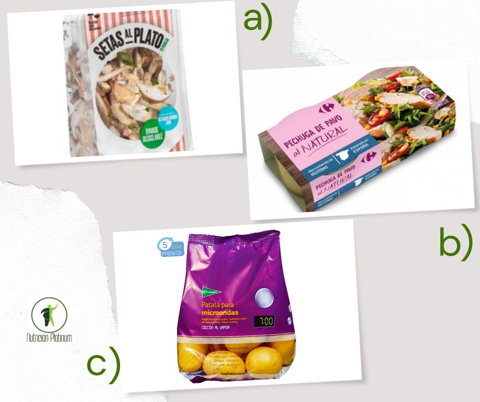 Setas al plato con pechuga de pavo en lata y patatas en el microondas.