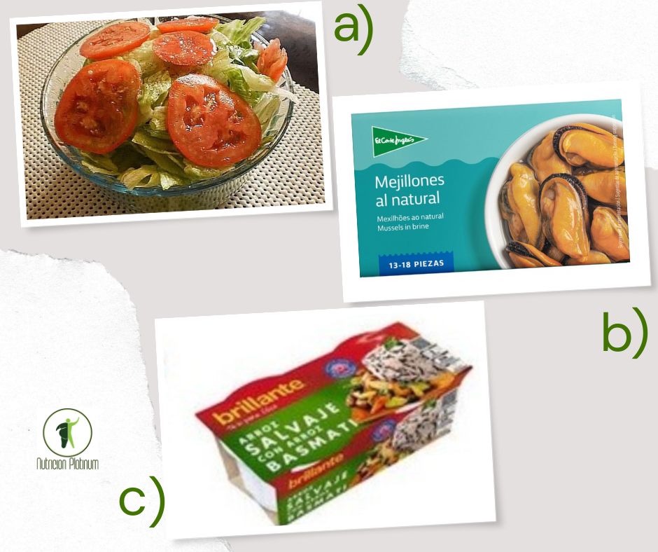 Ensalada de tomate y lechuga con mejillones al natural y 1 vasito de arroz salvaje.