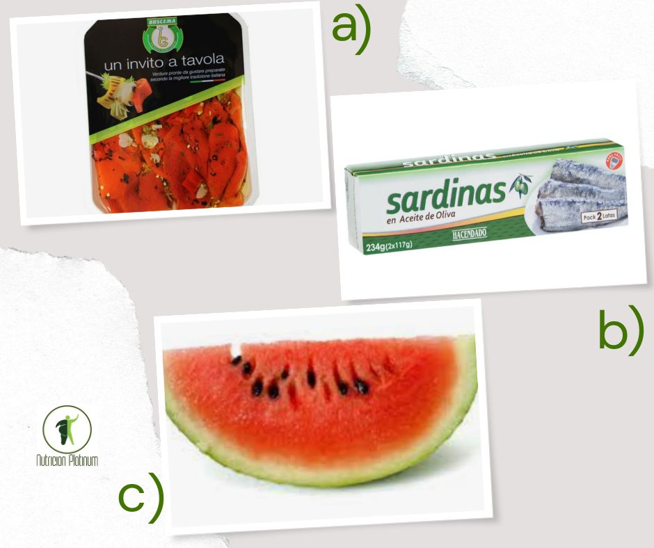 Pimientos asados con sardinas en conserva y 1 tajada de sandias.