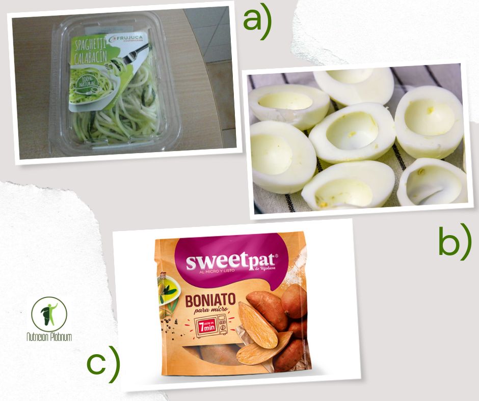 Espaguetis de calabacín con claras de huevo cocidas y boniatos.