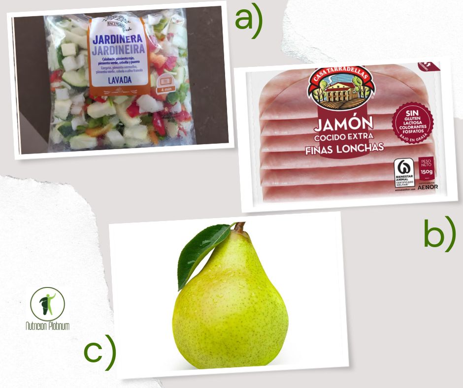 Verdura a la jardinera con jamón de York y 1 pera tamaño de puño.