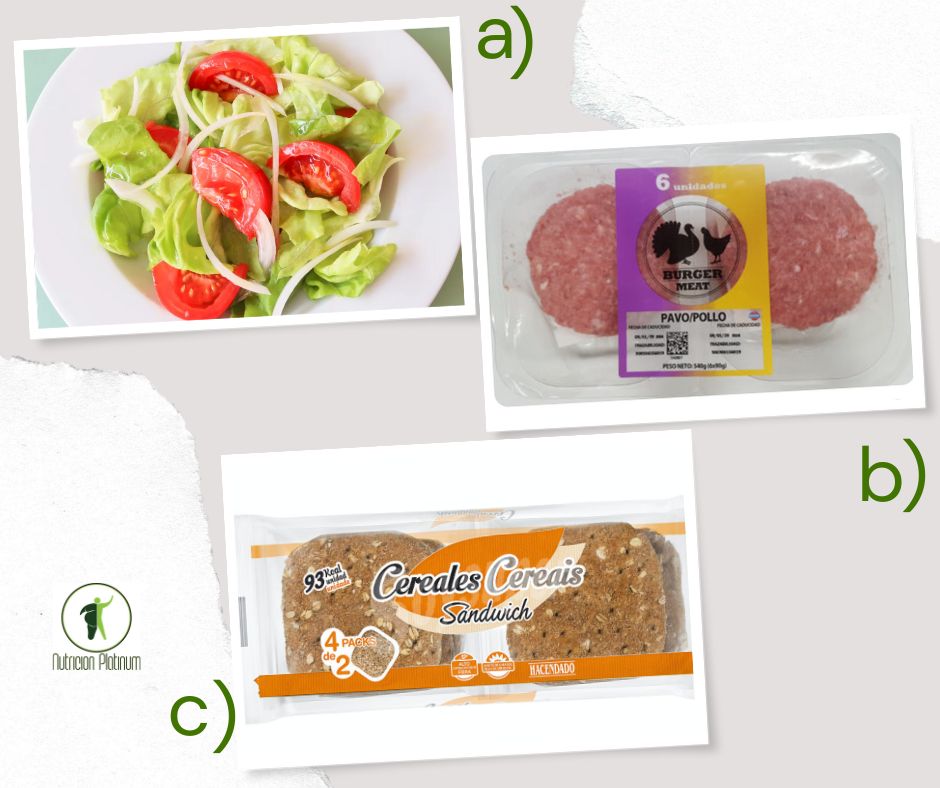 Ensalada de lechuga y tomate con hamburguesa de pollo y pavo con 1 sandwichs de pan thins.