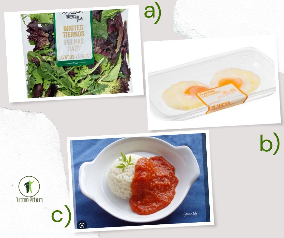 Ensalada de brotes con huevos a la plancha precocinados y arroz con tomate sin azúcar.