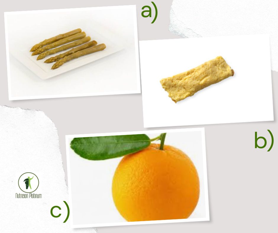 Esparragos trigueros en conserva con tortilla francesa y una Naranja tamaño puño.