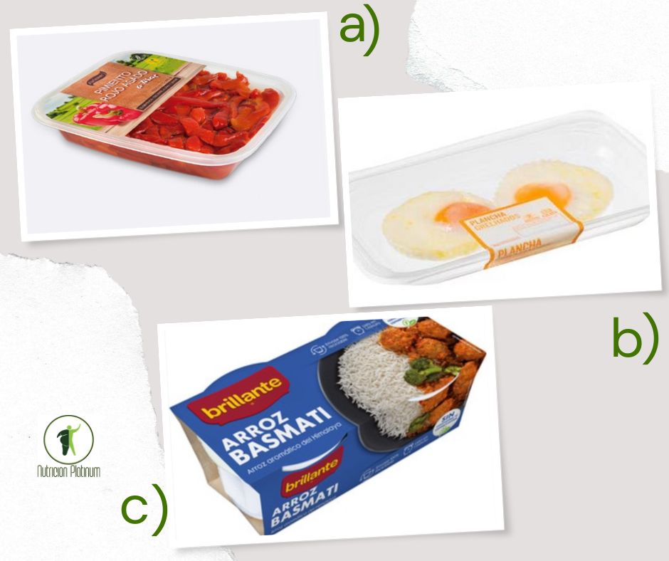 pimientos asados en conserva con huevos a la plancha precocinados y 1 vasito de arroz blanco.