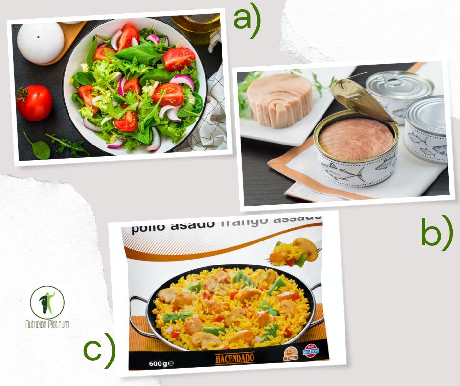 Ensalada de lechuga y tomate con atún en conserva y paella congelada.