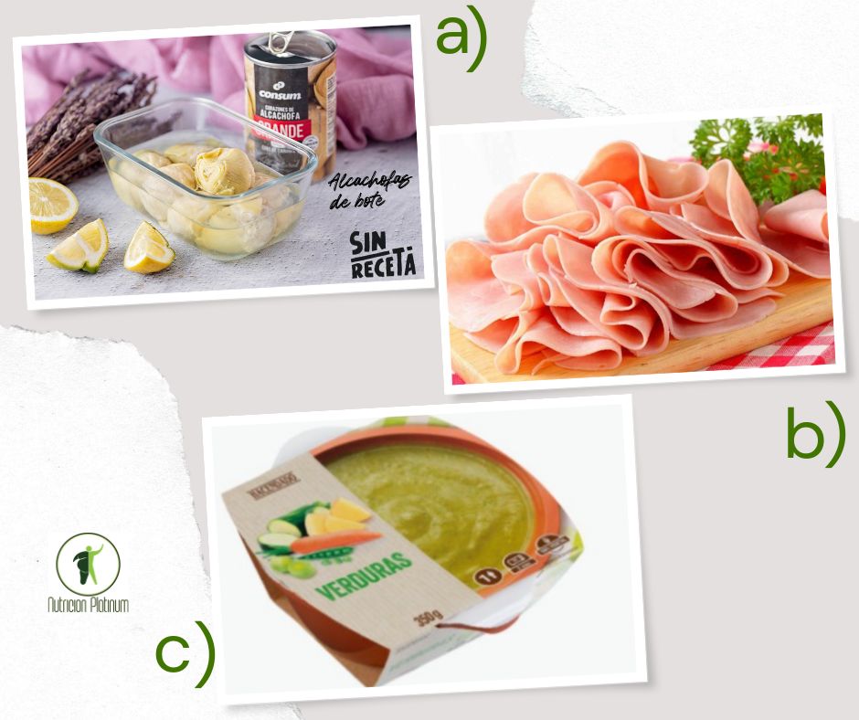 Alcachofas en conserva con jamón de york y crema de verduras.