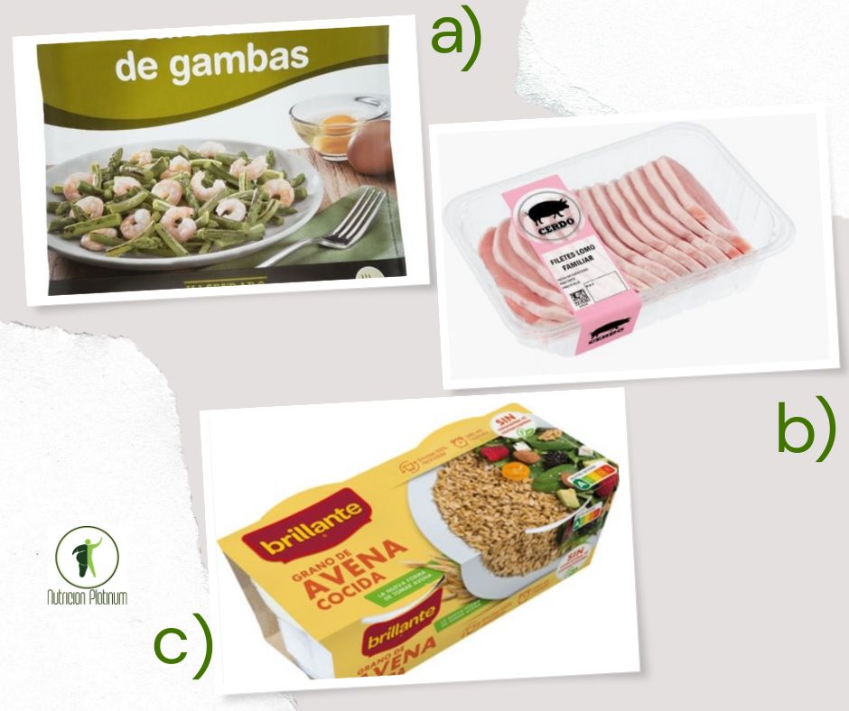 Salteado de espárragos y gambas con lomo de cerdo y 1 vasito de avena.