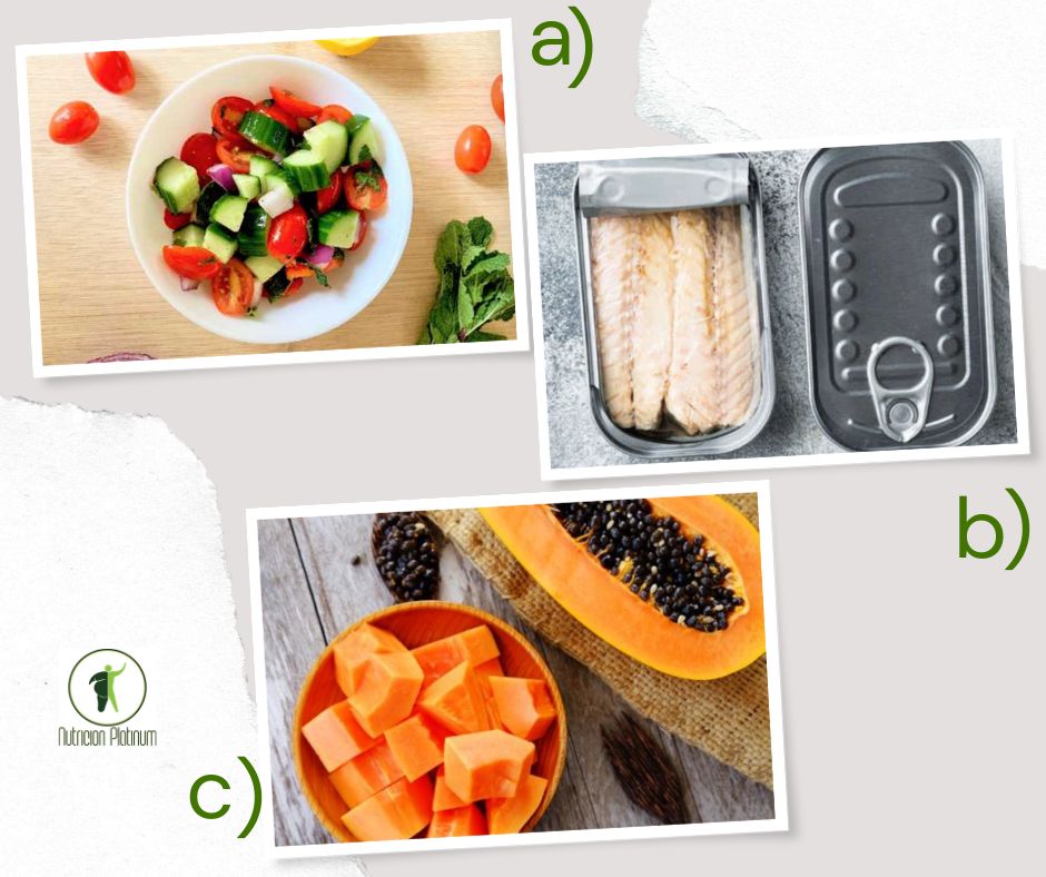 Ensalada Mediterránea con caballa en conserva y papaya tamaño puño.