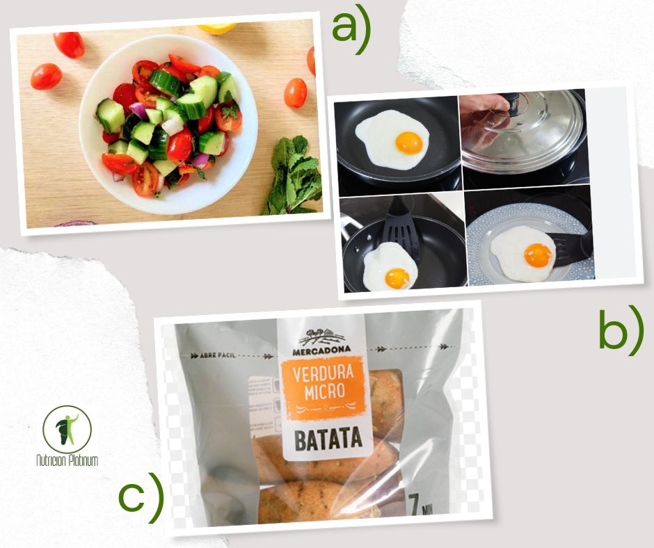 Ensalada Mediterránea con huevos a la plancha y boniatos cocinados en una bolsa (microondas).