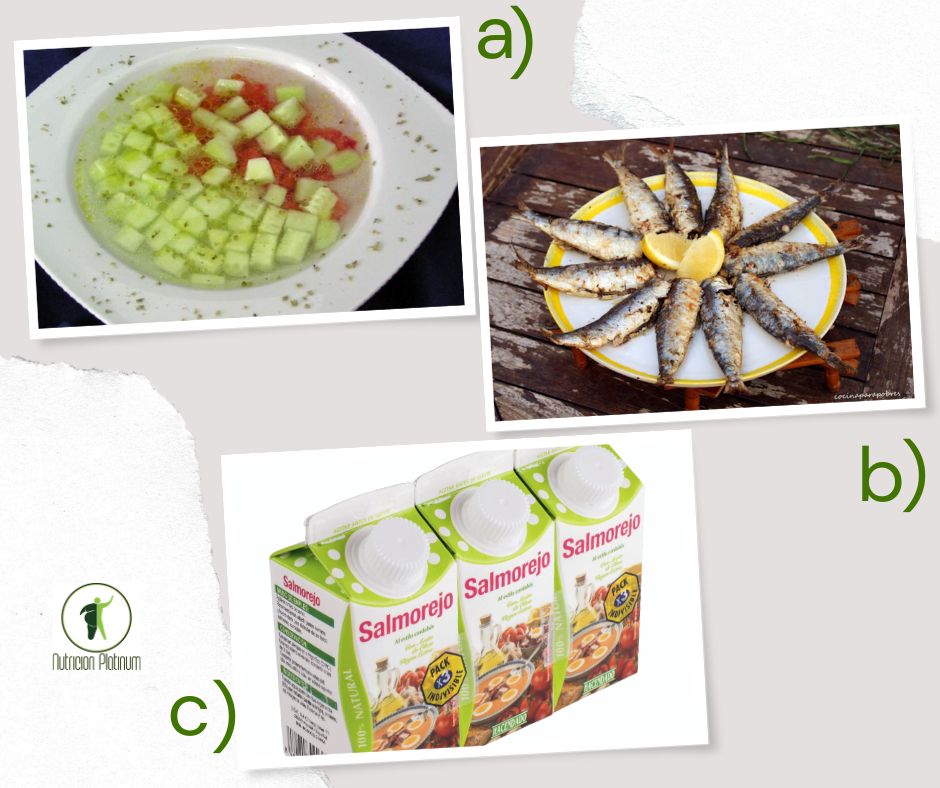 Gazpacho Almeriense con sardinas a la plancha y 1 tetrabrik de salmorejo por persona.