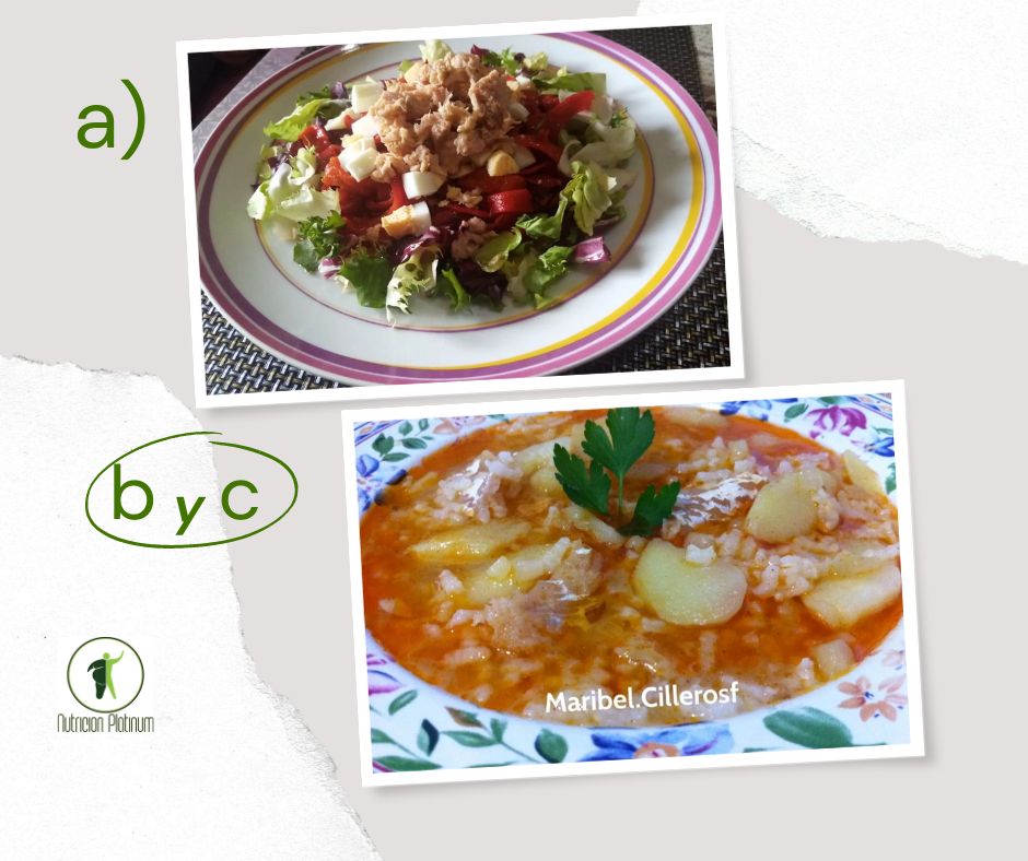 Ensalada de pimientos asados atún y huevo con puchero de migas de bacalao arroz y patatas