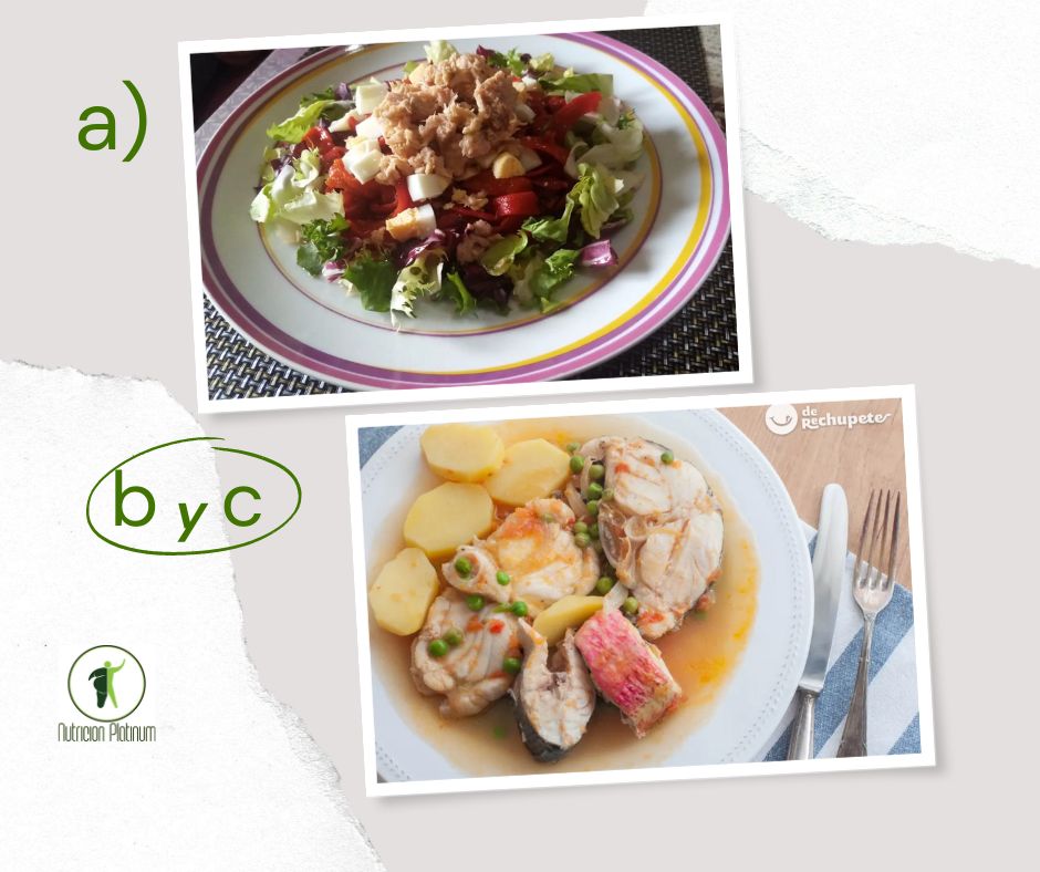 Ensalada de pimientos asados atún y huevo con caldeirada de pescado gallega