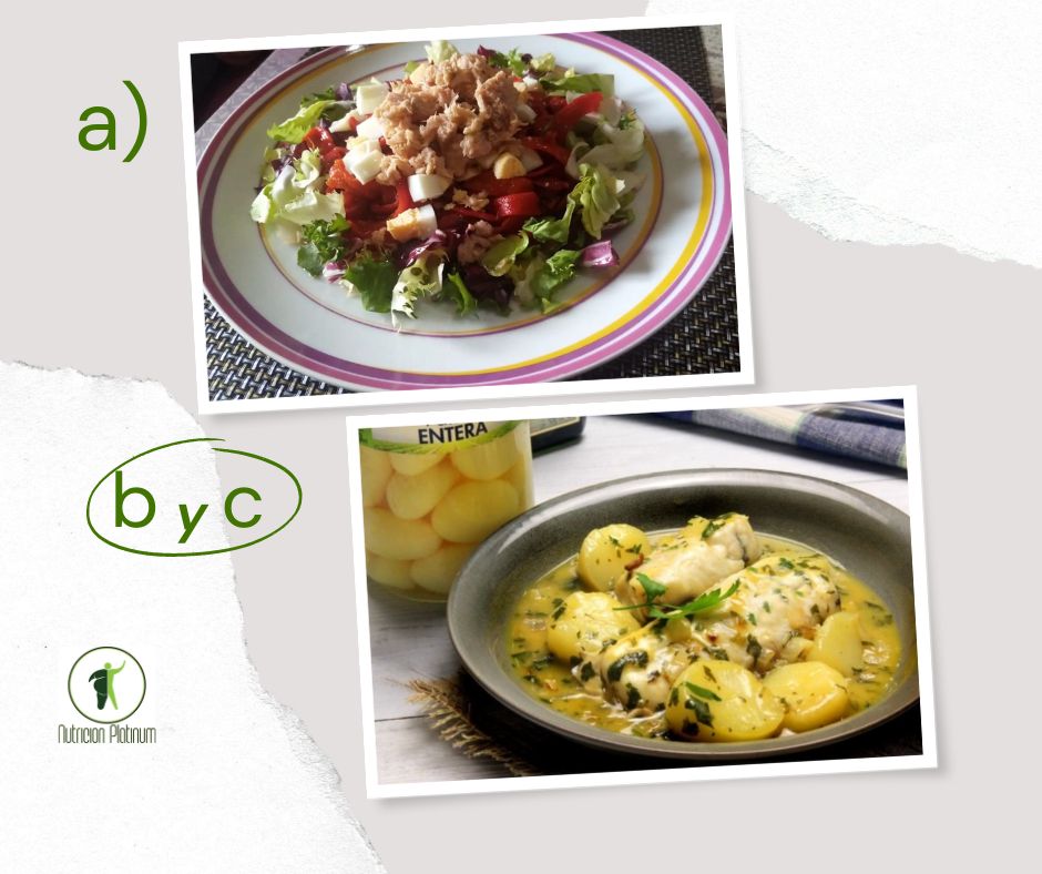 Ensalada de pimientos asados atún y huevo con merluza en salsa verde