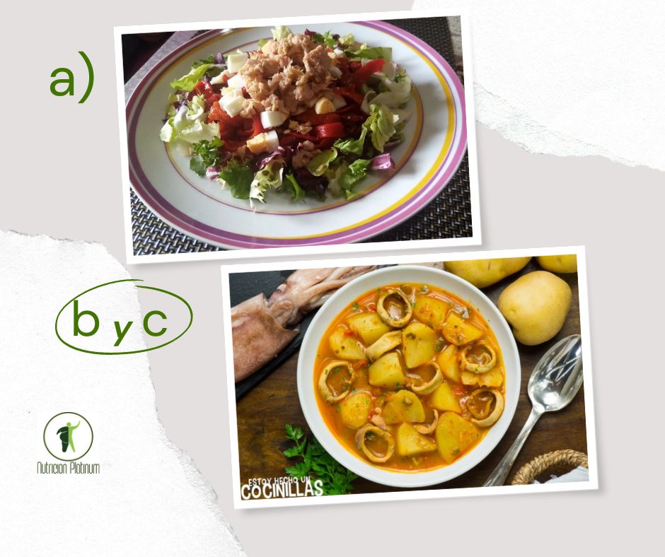 Ensalada de pimientos asados atún y huevo con guiso de patatas con calamares