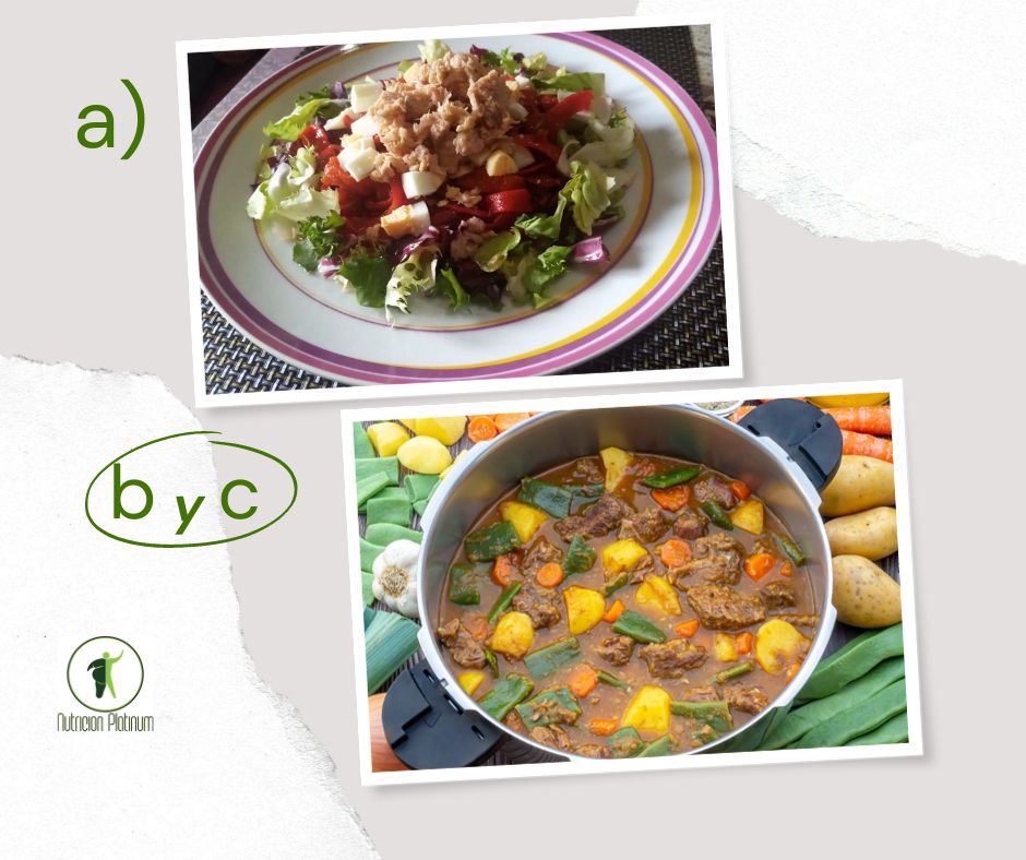 Ensalada de pimientos asados atún y huevo con ternera guisada con verduras