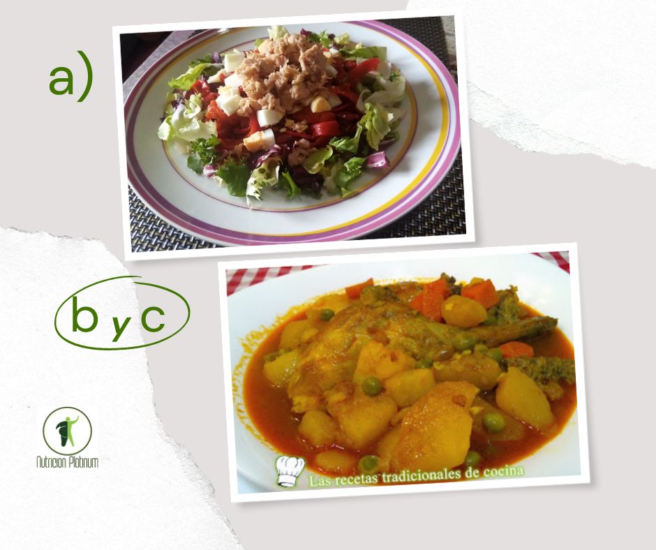 Ensalada de pimientos asados atún y huevo con guisado de conejo