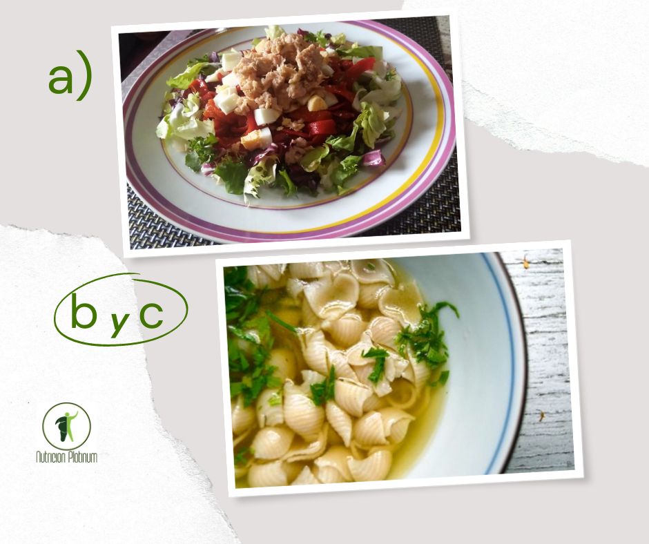 Ensalada de pimientos asados atún y huevo con sopa de pollo y conchas