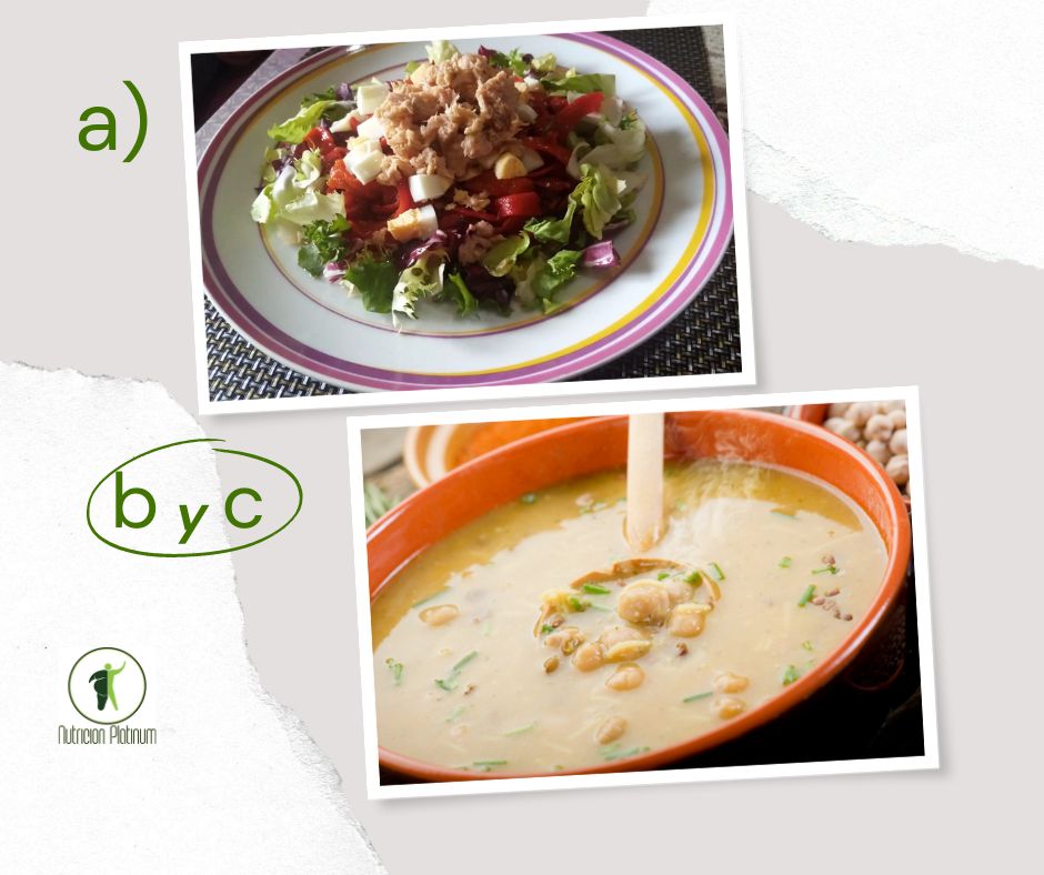 Ensalada de pimientos asados atún y huevo con sopa de pollo con garbanzos