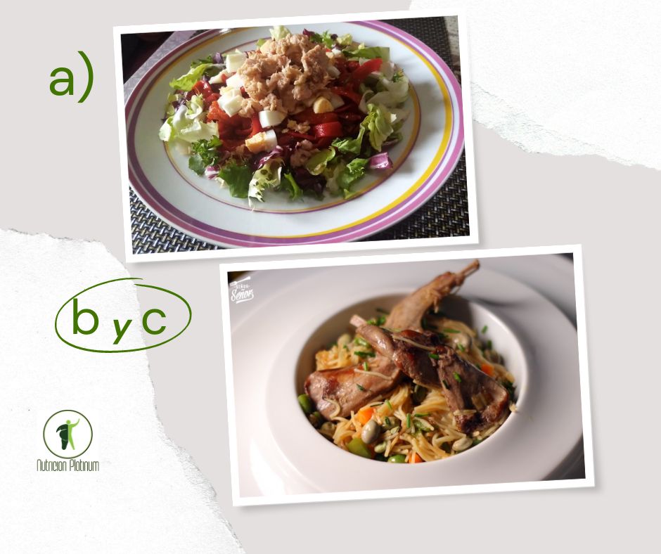 Ensalada de pimientos asados atún y huevo con conejo con fideos, habas y guisantes